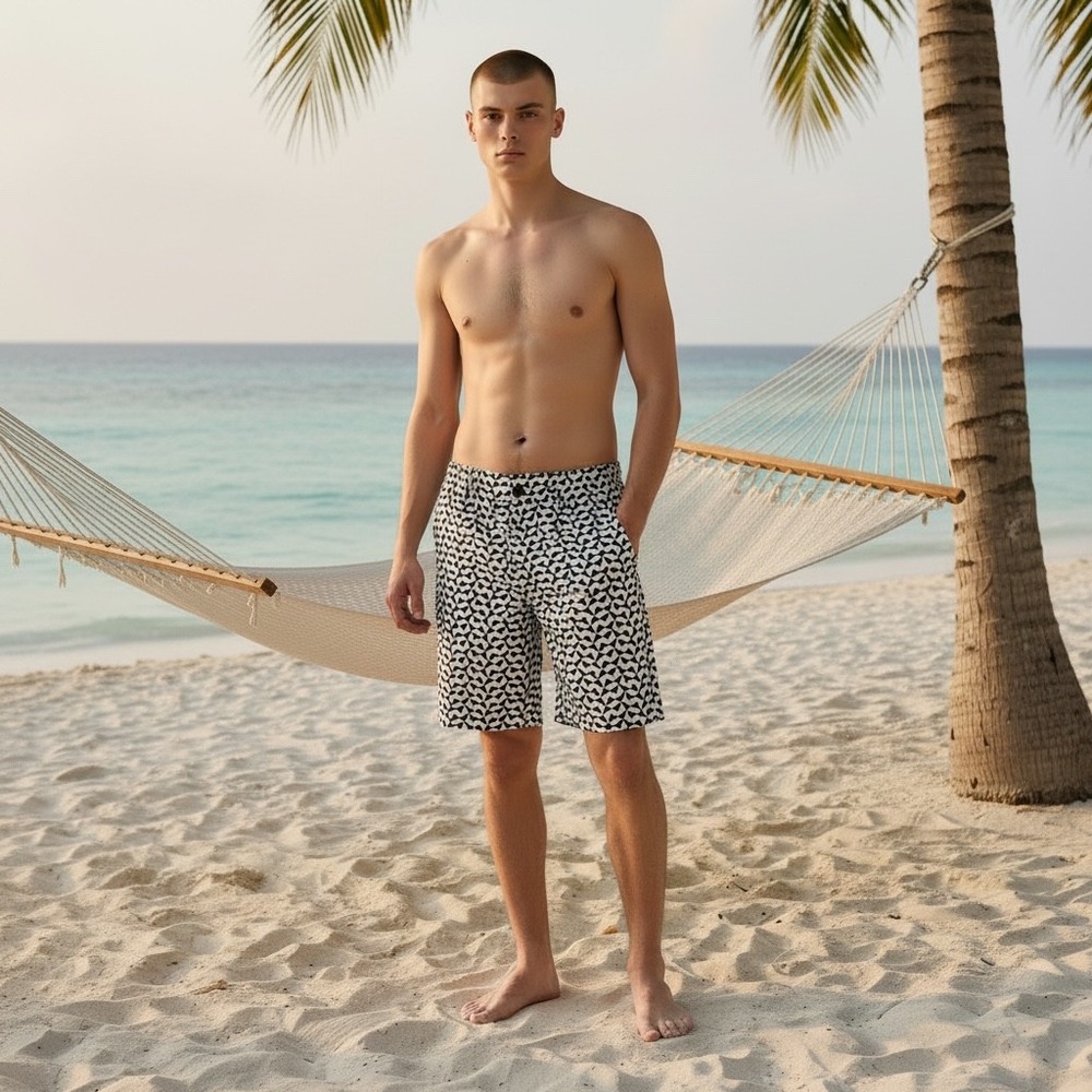 Onia Calder 7.5 Mens Swim Trunks 38‎ Black White Geometric Saks Exclusive 1483